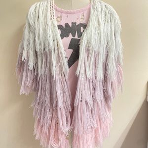 Chaser Brand Pink, White Fringe Crochet Cardigan.